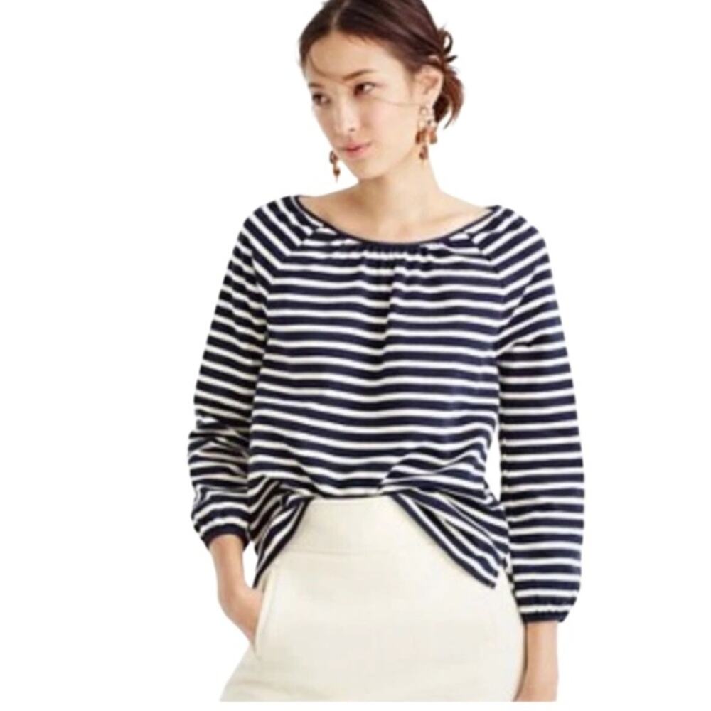 J. Crew Structured Stripe Keyhole Peasant Top in Navy Stripe Size XL NWT